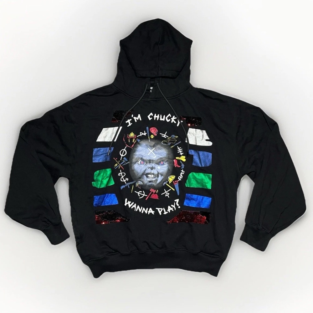 Chucky Horror Movie Patch Sequin Pullover Hoodie Men's Size XL Halloween Black